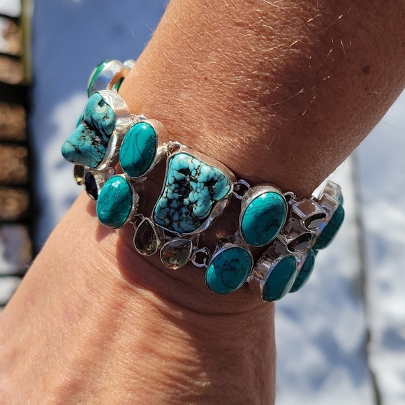 Turquoise Howlite Chocolate Quartz Natural Gemstone S925 Bracelet - Picture 4 of 10